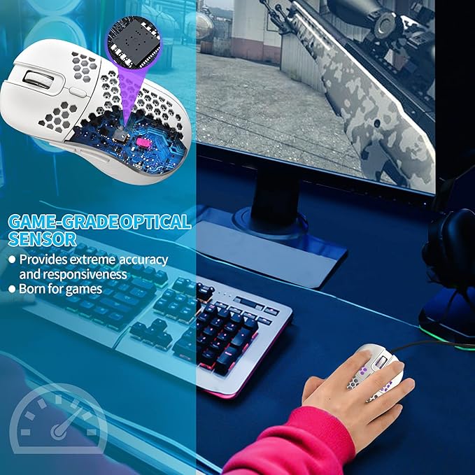 Techsea Honeycomb Wired Gaming Mouse with RGB On/Off Switch, 7200 Adjustable DPI, Ergonomic Lightweight Design & High Precision Sensor for PC/Mac Gamers (White)