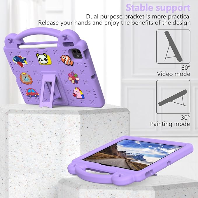 for iPad Air 11 inch Kids Case M3/M2 (2025/2024) & iPad Pro 11 Inch M4 Case 2024 with Pencil Holder/Handle/Kickstand Cute DIY Soft Shockproof Stand Lightweight Tablet Cover, Light Purple Bear
