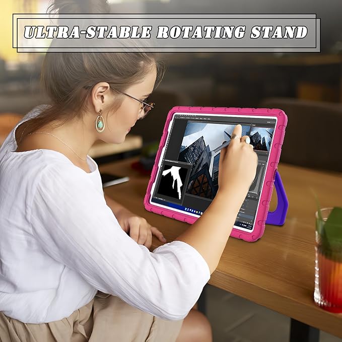 for iPad Pro 12.9 Case 3rd 4th 5th 6th Generation with Pencil Holder & 360° Rotating Handle Stand, New Cute Rugged Cover for iPad Pro 12.9 inch 2022/2021/2020/2018 - Rose Red