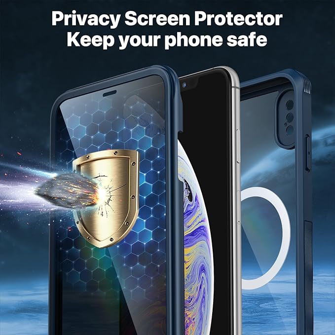CENHUFO Privacy Magnetic for iPhone Xs Max Case, Full Body Phone Case Built-in 9H Tempered Glass Privacy Screen Protector [Compatible with Magsafe] Shockproof Protective Bumper Clear Cover - Blue