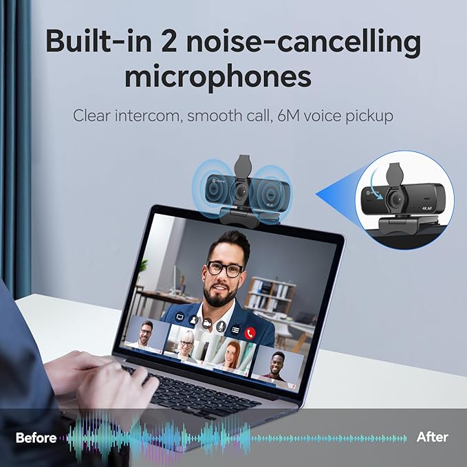 4K Webcam for PC with Fast Autofocus and Sony Sensor, Dual Noise-Reduction Microphones, Auto Light Correction, 4K 30FPS UHD, 77° FOV USB Webcam with Tripod for Zoom, Teams, Mac and Streaming