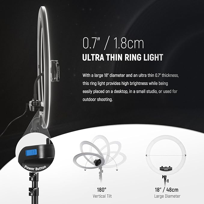 NEEWER Professional 18 Inch Ring Light with Tripod Stand Phone Holder Compatible with iPhone, 45W Remote Shutter App Control, Video Recording Makeup Selfie Studio Streaming Filming, RP18B Pro Black