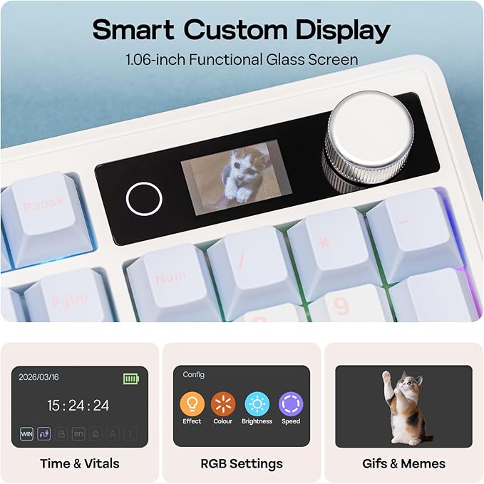 EPOMAKER TH108 V2 PRO Full Size Mechanical Keyboard with Screen&Knob, 10000mAh, BT/2.4Ghz, Mac Modifier PBT Keycap, Hot Swap, RGB, Gasket, Wireless Gaming Keyboard for Mac/PC (Blue, Sea Salt Silent)