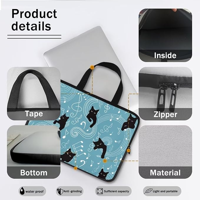 17 Inch Laptop Sleeve, Music Note Black Cats Laptop Cover Computer Bag Tablet Carrying Case with Handle, Durable Tote Bags Notebook Case Handbag Briefcase Shoulder Bag for Business/School