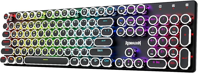 Redragon Wireless Typewriter Style Mechanical Gaming Keyboard, Bluetooth/2.4Ghz/Wired, RGB Backlit, Rechargeable, Blue Switch - Clicky, Metal Panel, Round Keycaps, Black
