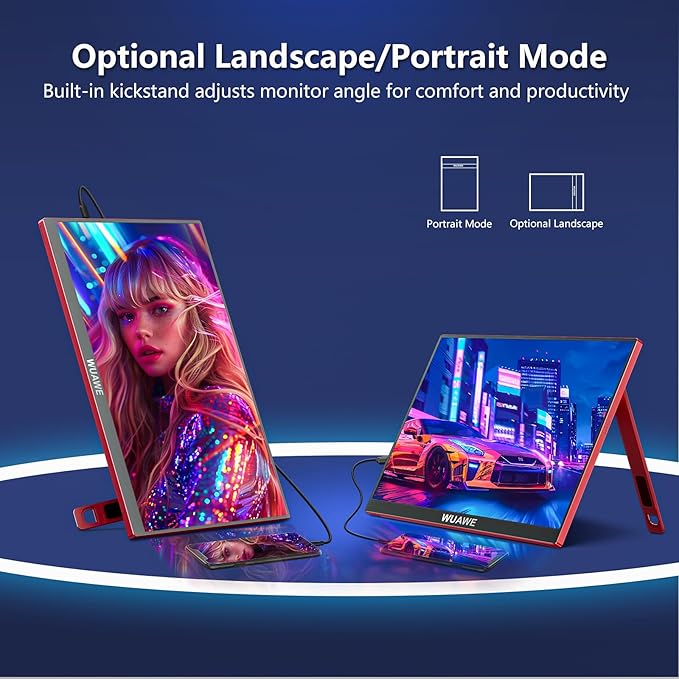 WUAWE Portable Monitor 16 inch Gift for Girls, 1920x1200P FHD 100% sRGB for Drawing & Design, USB C HDMI External Screen Ultra-Thin Metal for Laptop/Mac/Phone/Xbox/PS5(Red)
