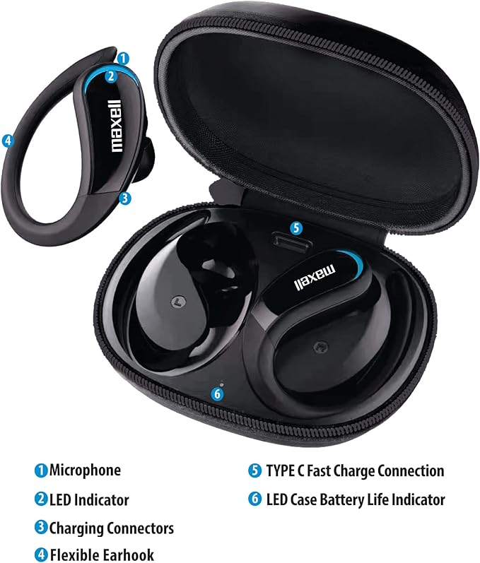 Maxell True Wireless Earbuds with Earhooks - 15H Battery Life, Bluetooth 5.0, Noise Isolating, Heavy Bass, Call Functions - TWS Bluetooth Earphones with Charging case for Sport, Running, Workout