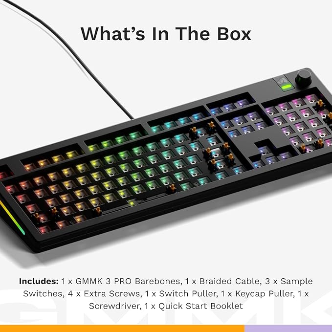 Glorious Gaming - GMMK 3 Barebones Custom Gaming Keyboard Kit with Knob, 100% Mechanical Keyboard Full Size, Modular Gasket System, Hotswappable MX, Sound Dampening Foam, Aluminum Switch Plate (Black)