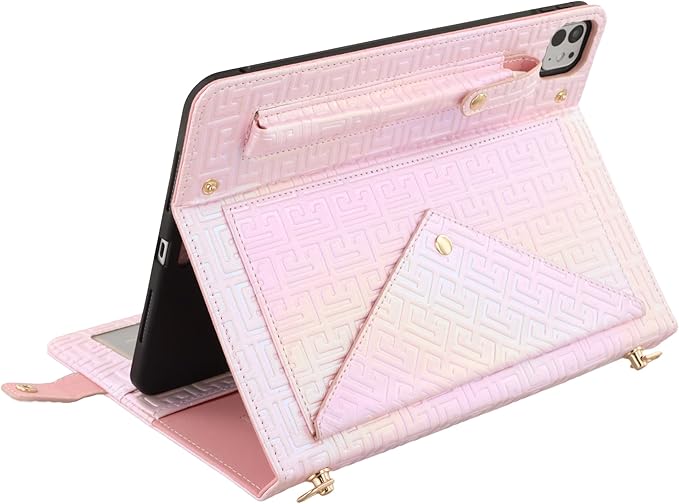 Shiny Case for iPad Pro 13" M5 M4 (2025/2024) Handbag Case, Techcircle Iridescent PU Leather Folio Envelope Pocket Stand Cover with Hand Strap+Shoulder Strap+Pencil Holder+Card Slots, Shiny Pale Pink