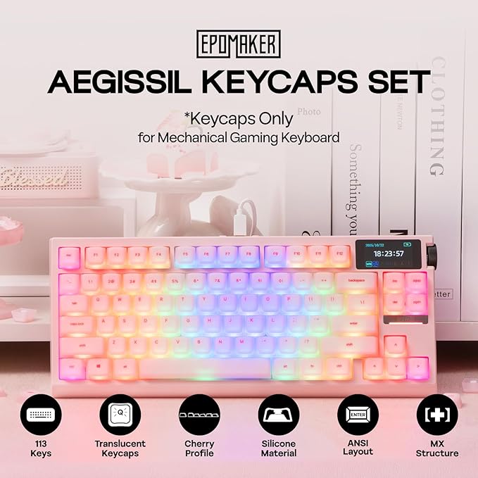 EPOMAKER AegisSil Keycap Set, Silicone Material, Cherry Profile, 113 Keys, 65%/75%/96%/Full Size, Custom Keyboard Keycaps Set for Cherry MX, Kailh, Outemu, Gateron Mechanical Gaming Keyboard (Pink)