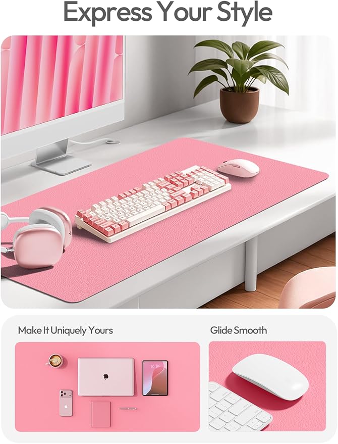 YSAGi Leather Desk Protector, Office Mat, Large Mouse Mat, Non-Slip PU Leather Blotter, Laptop Desk Mat, Waterproof Writing Pad for Office and Home (Pink, 35.4" x 17")