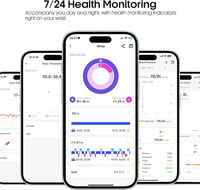 Advanced Health Smartwatch for Women Men with Real-Time Monitoring of Heart Rate, Sleep Quality and Stress Levels, Always-On Display，Bright Flashlight (Red)