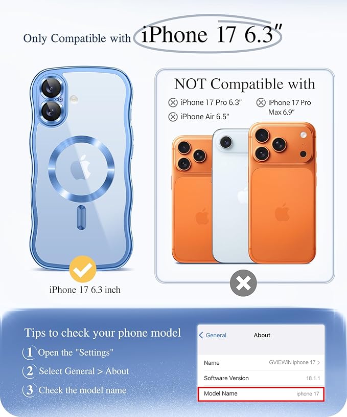 GVIEWIN for iPhone 17 Case Compatible with MagSafe, Upgraded [Full Camera Protection][Cute Wave Frame][Military Grade Protection] Electroplated Hard Phone Cover for Women Girl, Clear/Light Blue