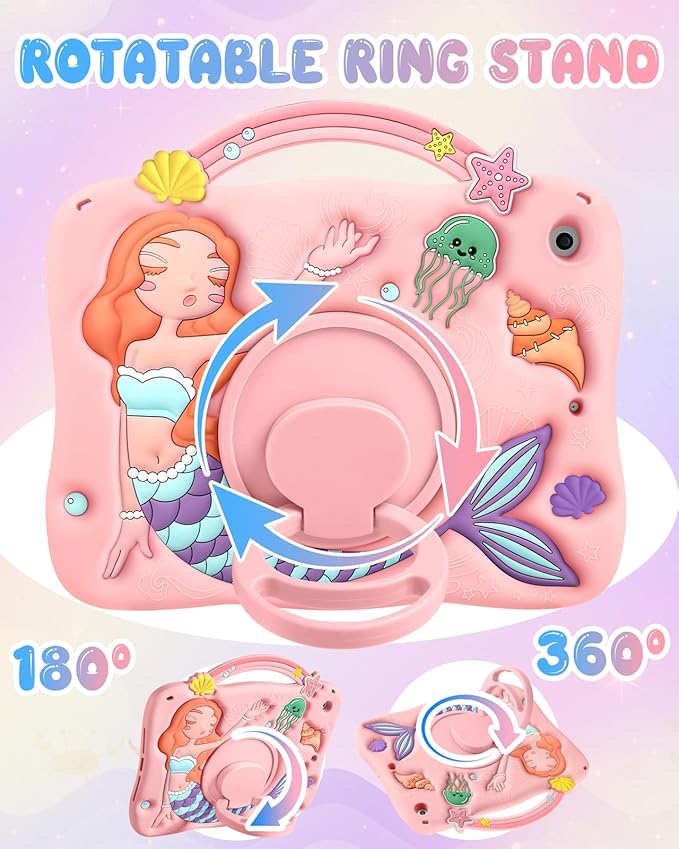 Boaretiu for iPad 9th Generation Case 10.2 Inch - for iPad 7th/8th/9th Gen 3D Cute Cartoon Pk Mermaids Girls Teens Soft Silicone Tablet Cover with Strap & Rotating Stand