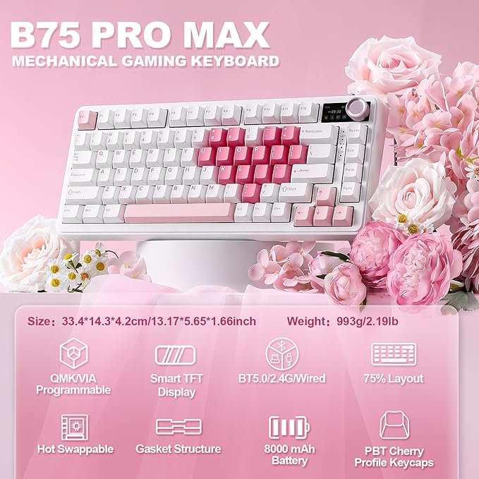 YUNZII B75 PRO MAX QMK/VIA Wireless Mechanical Keyboard,75% Layout with Screen and Knob,Custom Hot Swap Gasket,Creamy Pre-lubed Switches,Bluetooth/Type-C/2.4G for Win/Mac (White Heart,Candy Switch)