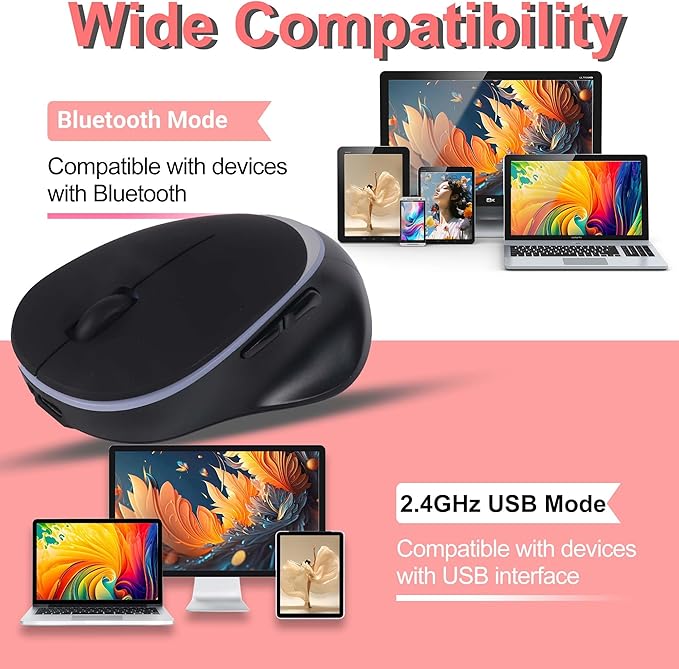 Ergonomic Vertical Mouse Wireless Bluetooth Rechargeable Silent Portable Ergo Mice with RGB LED Light & 2.4G USB Receiver, for PC Laptop Tablet Computer, Office Home, Adult Student Kids Gift-Black
