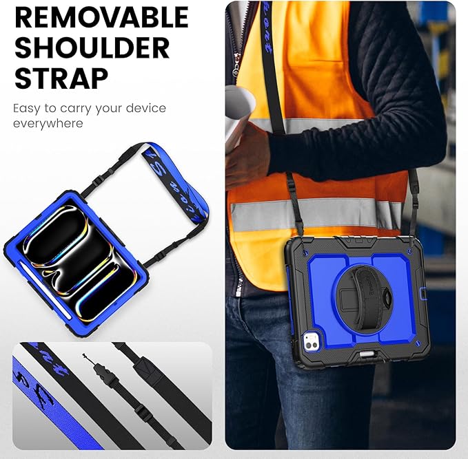 timecity Case for iPad Pro 11 Inch M5 2025 / M4 2024, 360° Rotating Stand, Pencil Holder & Wireless Charging, Shockproof with Screen Protector & Shoulder Strap -for Designers & Professionals,Dark Blue