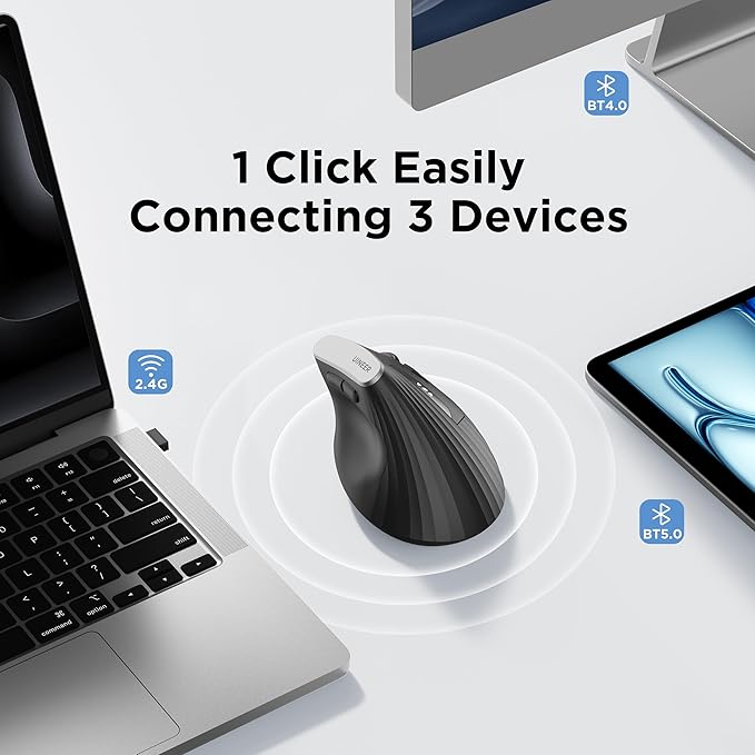Uineer Vertical Ergonomic Mouse, Multi-Device Wireless Mouse with Bluetooth 5.0/4.0 & 2.4G, Rechargeable Computer Mouse for Laptop PC Office Home Desktop,4 DPI Optical Mice (Business Style, Black)