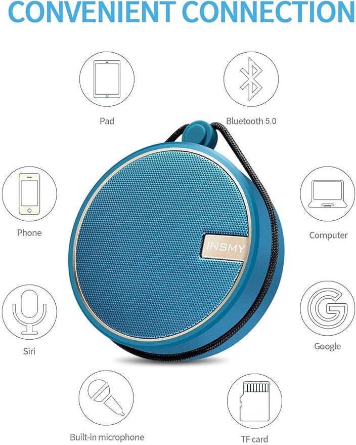 INSMY C12 IPX7 Waterproof Shower Bluetooth Speaker, Portable Small Speaker, Speakers Bluetooth Wireless Loud Clear Sound Support TF CSuard ction Cup for Outdoor Kayak Canoe Beach Gift (Navy)