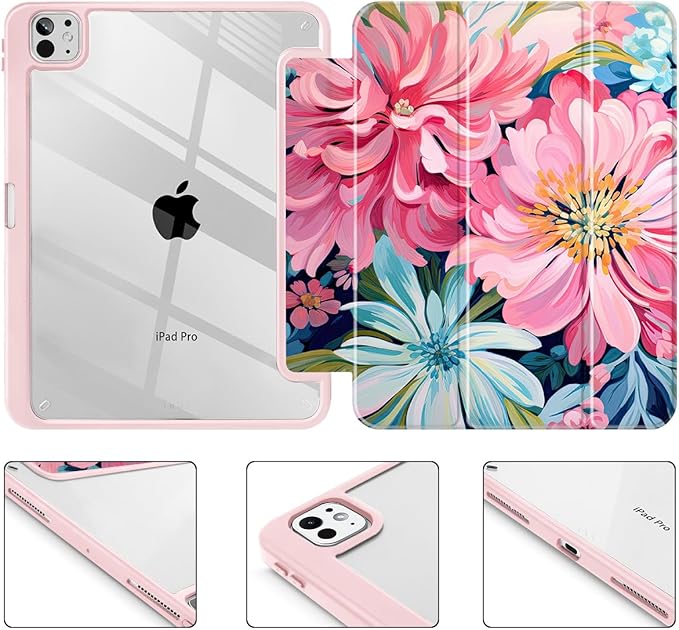 May Chen for iPad Pro 13 Inch Case M5 2025 / M4 2024, Built Pencil Holder & Clear Transparent Print Back Shell Slim Stand Shockproof Tablet Cover, Auto Wake/Sleep, Flowers Painting