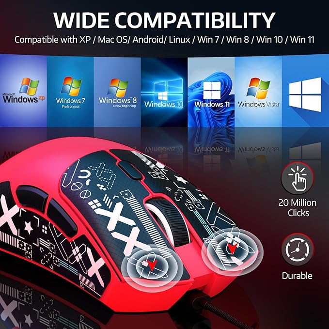 ATTACK SHARK R1 Wireless Gaming Mouse,Tri-Mode Connection (2.4G/Wired/BT5.2),55g Lightweight,18K DPI Optical Sensor,HUYU 20 Million Key Life,Ergonomic Design,for PC/Laptop/Win/Mac(Red+Sticker)