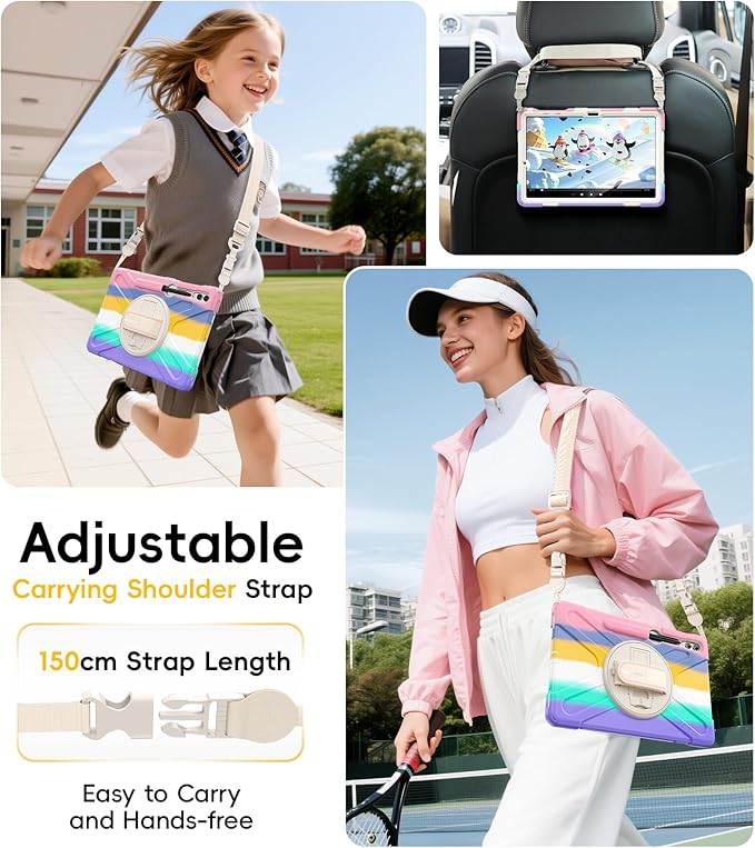 BRAECN for Samsung Galaxy Tab S10+ Plus/S9+/S9 FE + /S8+ Plus/S7 +Plus /S7 FE 12.4 Inch,Heavy Duty Shockproof Case with S Pen Holder&360 Rotating Hand Strap/Kickstand/Shoulder Strap -Rainbow