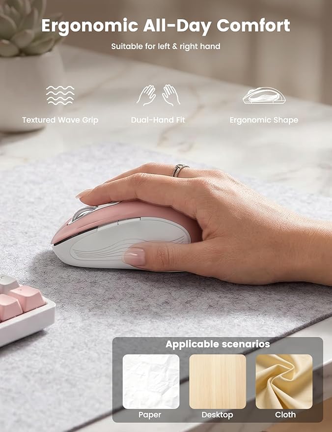 WisFox 2.4G Wireless Mouse for Laptop, Ergonomic Computer Mouse with USB Receiver and Type-C Adapter, 3 Adjustable Levels DPI, 6 Button Cordless Wireless Mice (Rose Gold)