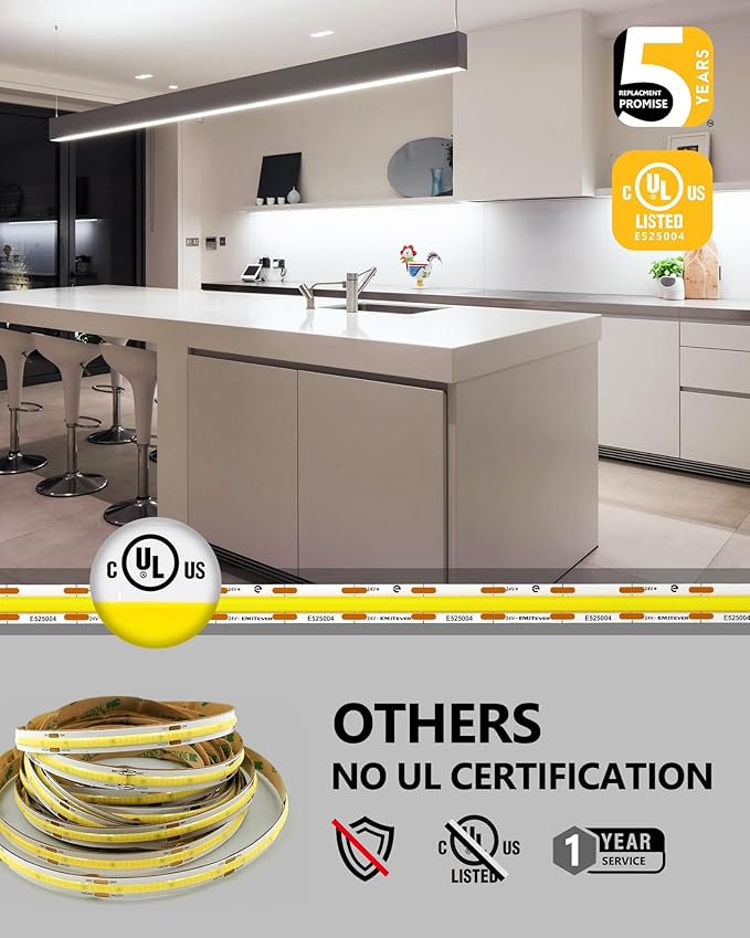 EMITEVER COB LED Strip Lights Cool White 16.4ft, 5000K Ra 90+ Tape Light Premium High Density, 24V, 300+Lumens/ft, 2400LEDs/Spool, 3W/ft, UL Listed 5 Year Warranty (Power Supply Sold Separately)