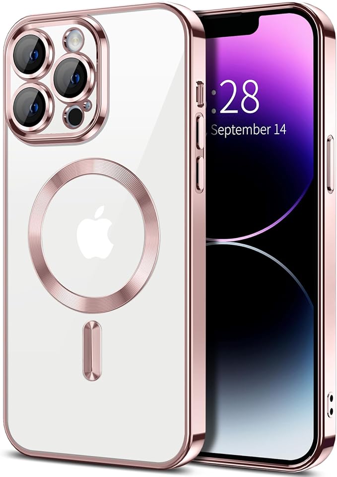 Hython Magnetic Clear for iPhone 14 Pro Max Case with Camera Lens Protector [Compatible with MagSafe] Plating Edge Slim Soft TPU Cover Protective Phone Case for iPhone 14 Pro Max 6.7", Pink