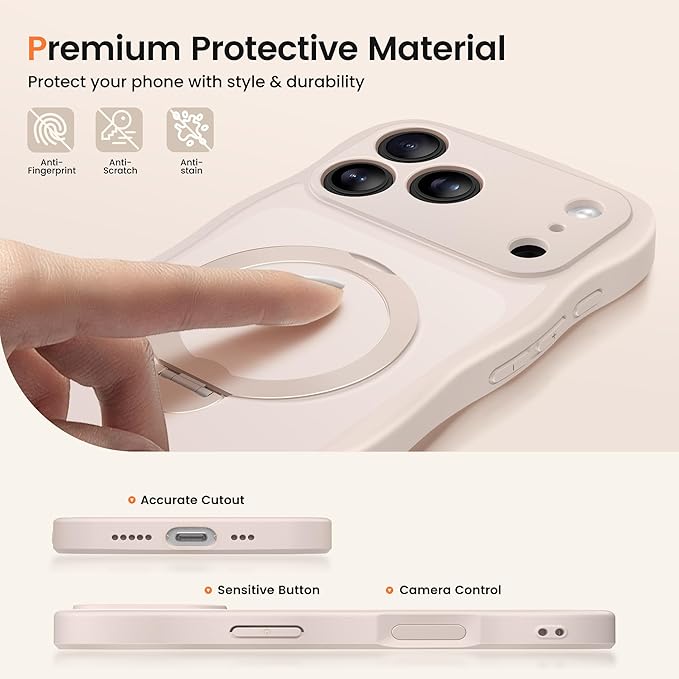 CAPRARO for iPhone 17 Pro Max Case with 360° Spin Magnetic Stand for Women, [Compatible with MagSafe] [Full Camera Protection] Cute Wave Translucent Matte Case for iPhone 17 Pro Max, Rose Gold