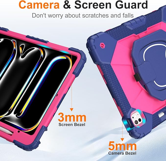 Case for iPad Pro 13 Inch M5 2025/ M4 2024, Ubearkk for iPad Pro 13 Inch case with Screen Protector, 360 Degree Rotating Stand Shoulder Strap Pencil Holder,Military Grade Shockproof, Navy Pink