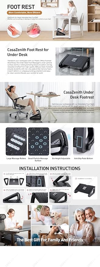 Adjustable Foot Rest with Massage Roller, Ergonomic Foot Stool for Office Home Desk, Non-Slip Footrest to Improve Posture & Relieve Leg Fatigue