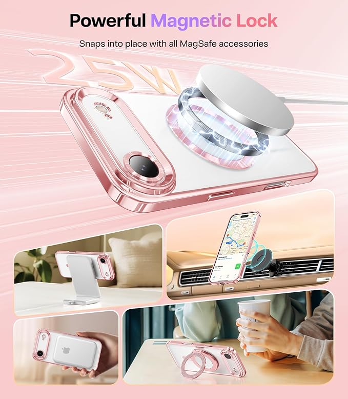 Meifigno Designed for iPhone Air Case 6.5", [Glitter Card & Wrist Strap] [Compatible with MagSafe] [1X HD+1X Privacy Screen Protectors] Lens Protection Slim Case Designed for iPhone 17 Air, Rose Gold