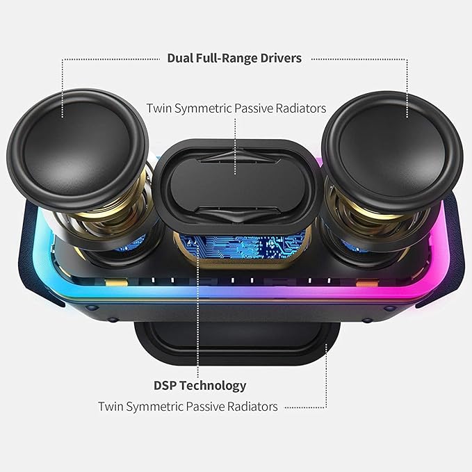 DOSS SoundBox Pro+ Bluetooth Speaker, Immersive 24W Stereo Sound with Booming Bass, IPX6 Waterproof, 15H Playtime, Mixed Colors Lights, Wireless for Backyard, Hiking, Garage, Party-Blue