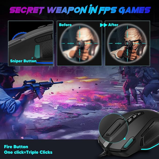 Redragon Wired Gaming Mouse, RGB Backlit Ergonomic Gamer Mouse Up to 8000 DPI, 11 Programmable Buttons & 7 Backlit Modes, Extra Sniper Button, Mouse Gamer for Windows PC Gamers, M614