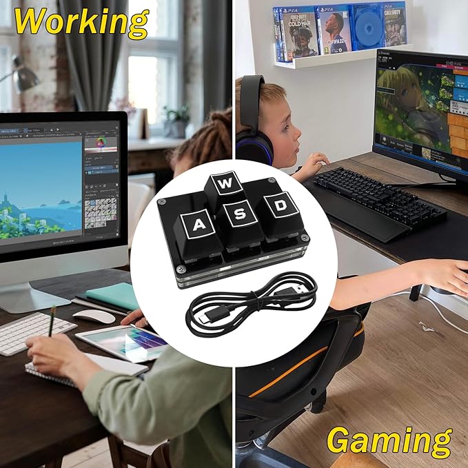 BTXETUEL Mini 4-Key Keypad WASD Arrow Key Keycaps Keyboard One-Handed Mechanical Gaming Keypad Programmable USB-C Customized Keyboard for Working or Gaming (Black, WASD Keycaps)