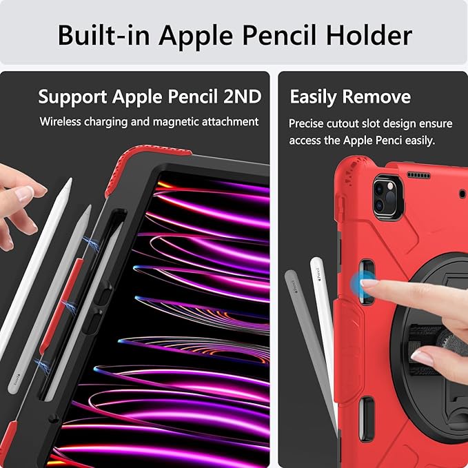 Miesherk Case for iPad Pro 12.9 Inch 6th/5th/4th Generation, Military Grade Heavy Duty Shockproof iPad Pro 12.9 Case - Rotating Stand, Pencil Holder, Hand/Shoulder Strap, Black+Red