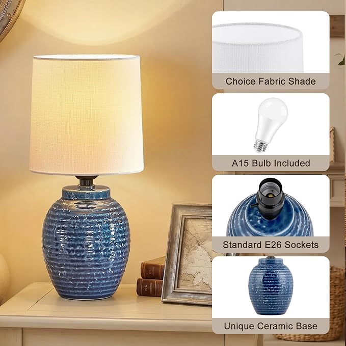 EJIAXIN Small Bedside Lamps -13.75" Farmhouse Table Lamps - Classic Ceramic Table Lamp for Bedroom, Living Room, Nightstand, Office, Side Desk Lamp, End Table