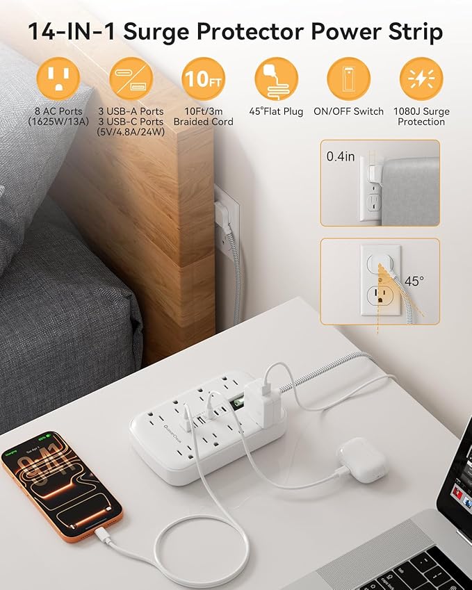 10Ft Extension Cord with Multiple Outlets, Flat Plug Surge Protector Power Strip 10 Ft Long Cord, 8 Outlets & 6 USB (3 USB C), Desk Charging Station for Home Office, College Dorm Room Essentials