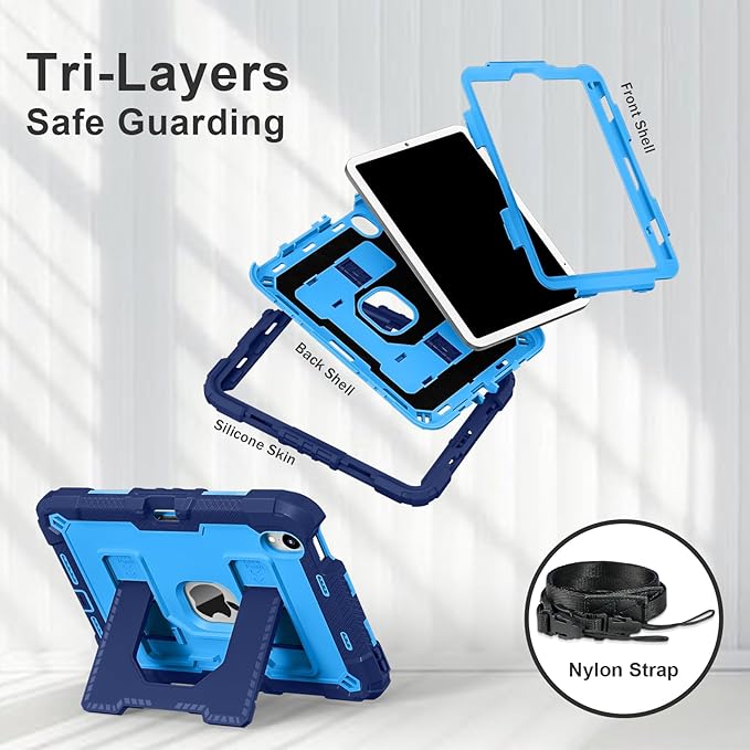 Kids Friendly Case for Apple iPad mini 7 A17 Pro 2024/iPad Mini 6 2021 8.3 Inch 7th/6th Gen Case with Pencil Holder & Shoulder Strap, Shockproof Kickstand Hard Shell Protective Cover,Blue