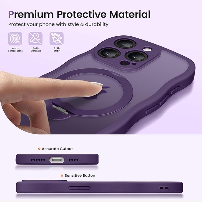 CAPRARO for iPhone 13 Pro Case with 360° Spin Magnetic Stand for Women, [Compatible with MagSafe] [Full Camera Protection] Cute Wave Translucent Matte Case for iPhone 13 Pro, Deep Purple
