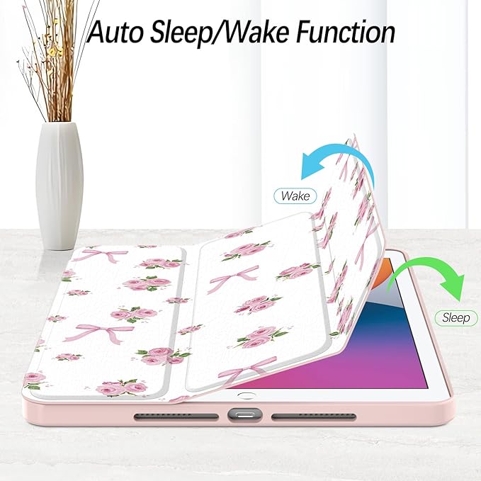 Case for iPad 9th / 8th / 7th Generation (2021/2020/2019) 10.2 inch, Case with Pencil Holder, Stand Clear Back Cover Cute Cool Design for Women Girls, Auto Sleep/Wake, Bow Rose