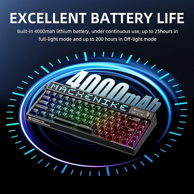 Machenike KT68 Pro Wireless Compact Mechanical Gaming Keyboard, Customizable LED Screen, 3-Modes 68 Keys Hot Swappable Yellow Switch, Anti-Ghosting, Transparent Keycaps, Win/Mac, Black