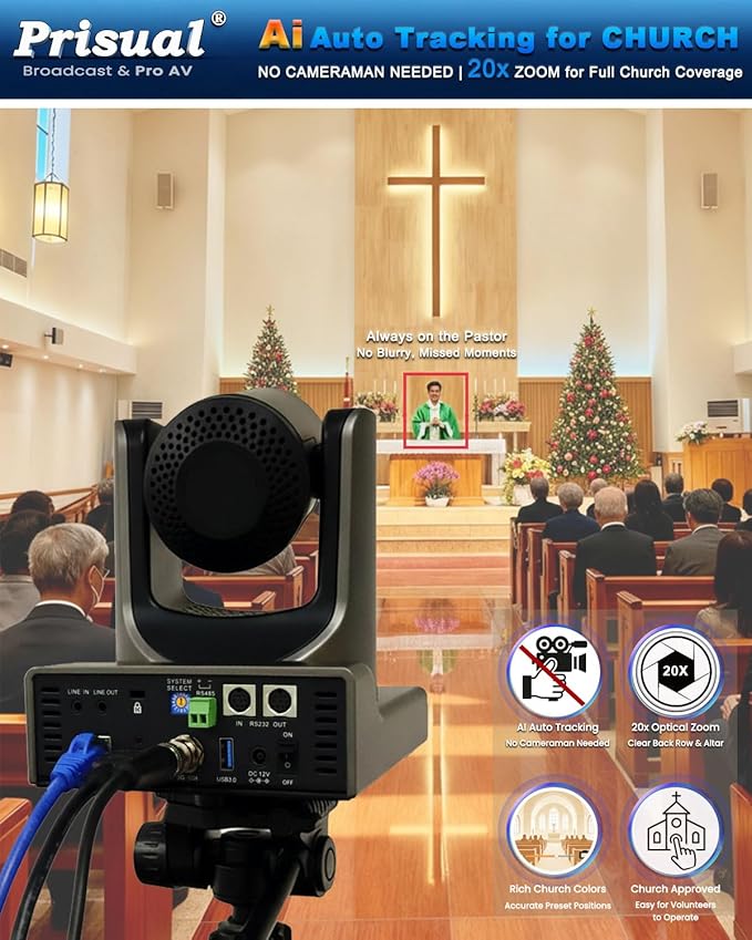 Prisual PTZ Camera Gen 5, 20X Optical Zoom SDI HDMI PoE USB IP Streaming, AI Auto Tracking, Metal Shell Reliability for Church Worship Education vMix OBS, NDI Upgradeable (TEM-20S PRO)