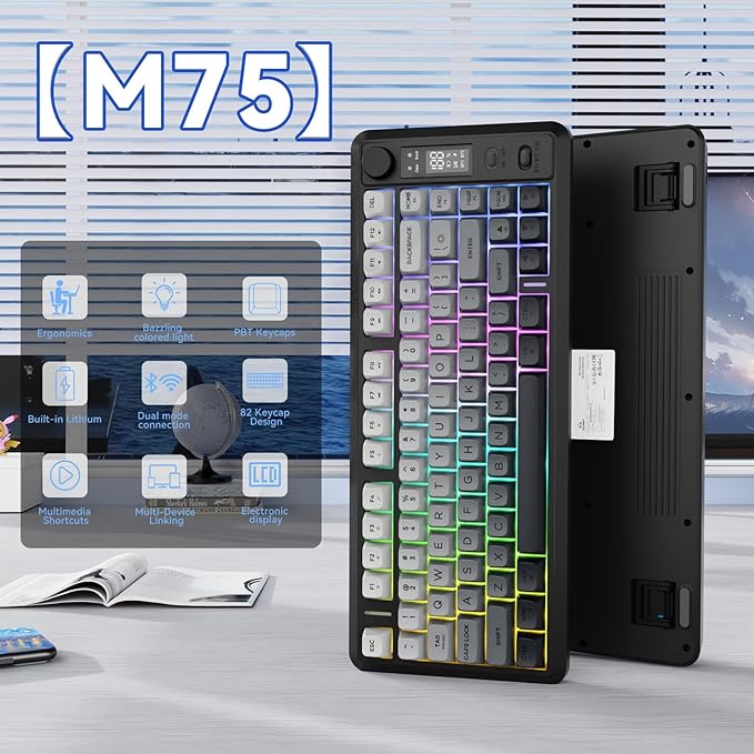 ZIYOU LANG M75 Wireless Gaming Keyboard, RGB Backlit Rechargeable 2000mAh Battery, Small Membrane But Mechanical Feel Keyboard with Smart Display & Knob, PBT Gradient keycaps for PC, MAC-Moonlit Night