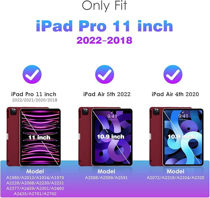 DTTO for iPad Pro 11 inch 4th/3rd/2nd/1st Generation 2022/2021/2020/2018 Case, Smart Slim Trifold Stand Soft TPU Back Cover with Built-in Pencil Holder, Also Fit iPad Air 5/4,Burgundy Red