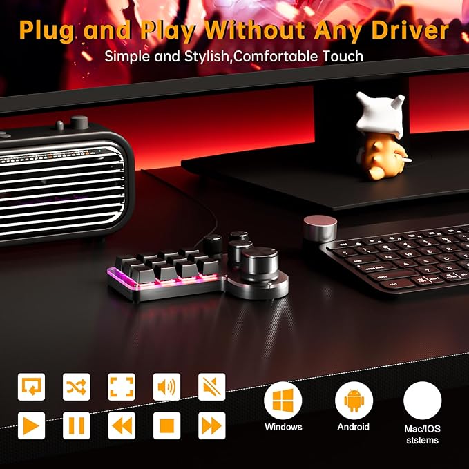 Programmable Macro Keyboard 12-Keys 4 Knob Gaming Keypad with USB Wired+BT Dual Mode Multi-Purpose Shortcut Custom Keypad for PC Desk