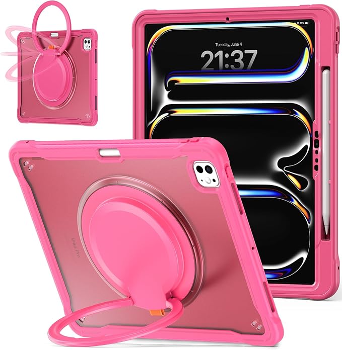 Batianda for iPad Pro 13 inch Case 2025 M5 2024 M4 Chip Lightweight Dual-Layer Protective Tablet Cover, Durable Shock-Absorbing Corners with 360° Rotating Kickstand Ring Built-in Pen Slot, Pink