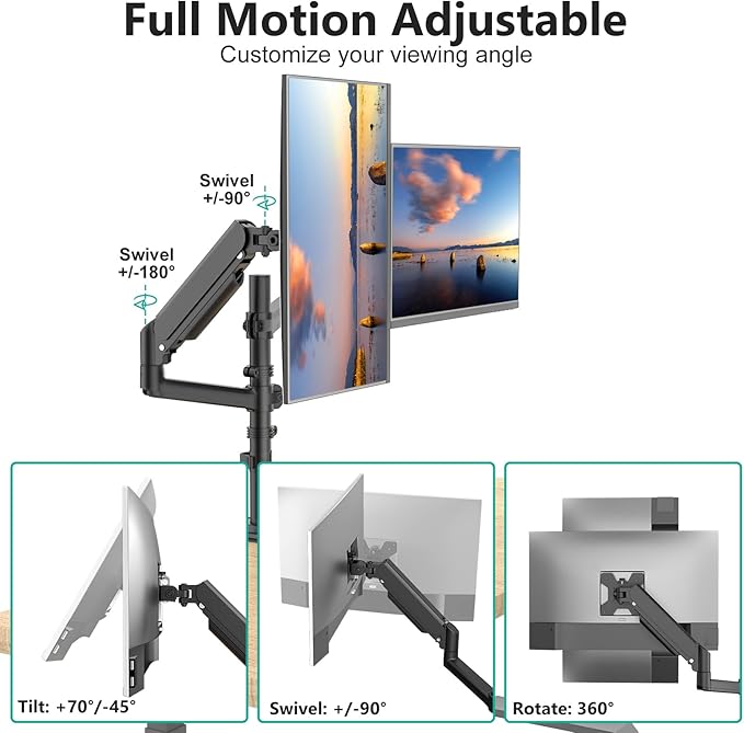 WALI Dual Monitor Mount, 13-33 Inch Adjustable Dual Monitor Arm for Desk Holds Max 19.8 lbs Screens, Swivel Vesa Bracket with C Clamp, Grommet Mounting, Monitor Arms for 2 Monitors (GSDM002)