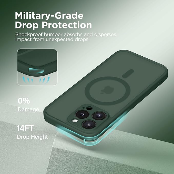 CAPRARO Magnetic for iPhone 13 Pro Case, [Compatible with MagSafe] [Full Camera Protection] Shockproof Protective Slim Translucent Matte Phone Case for iPhone 13 Pro 6.1'', Deep Green